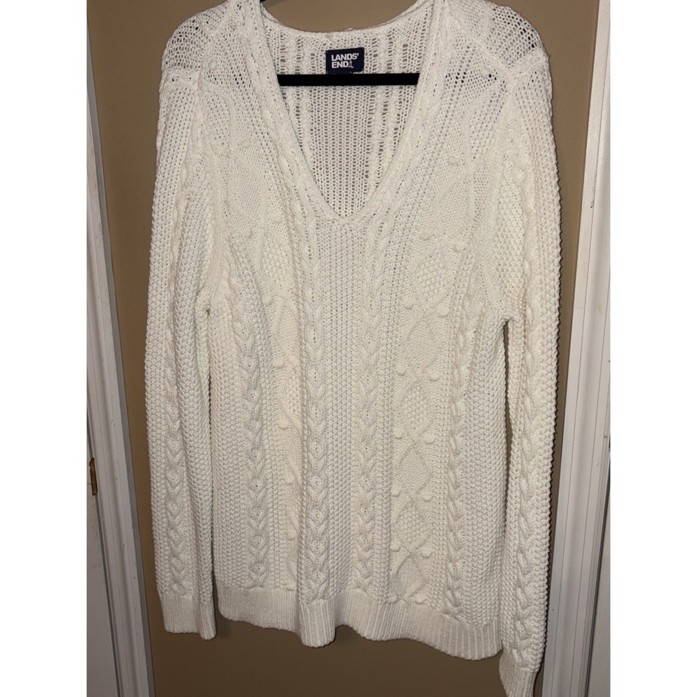 Lands' End Sweater L Cream Cable Knit Bobble V Neck Fisherman Tunic Pullover